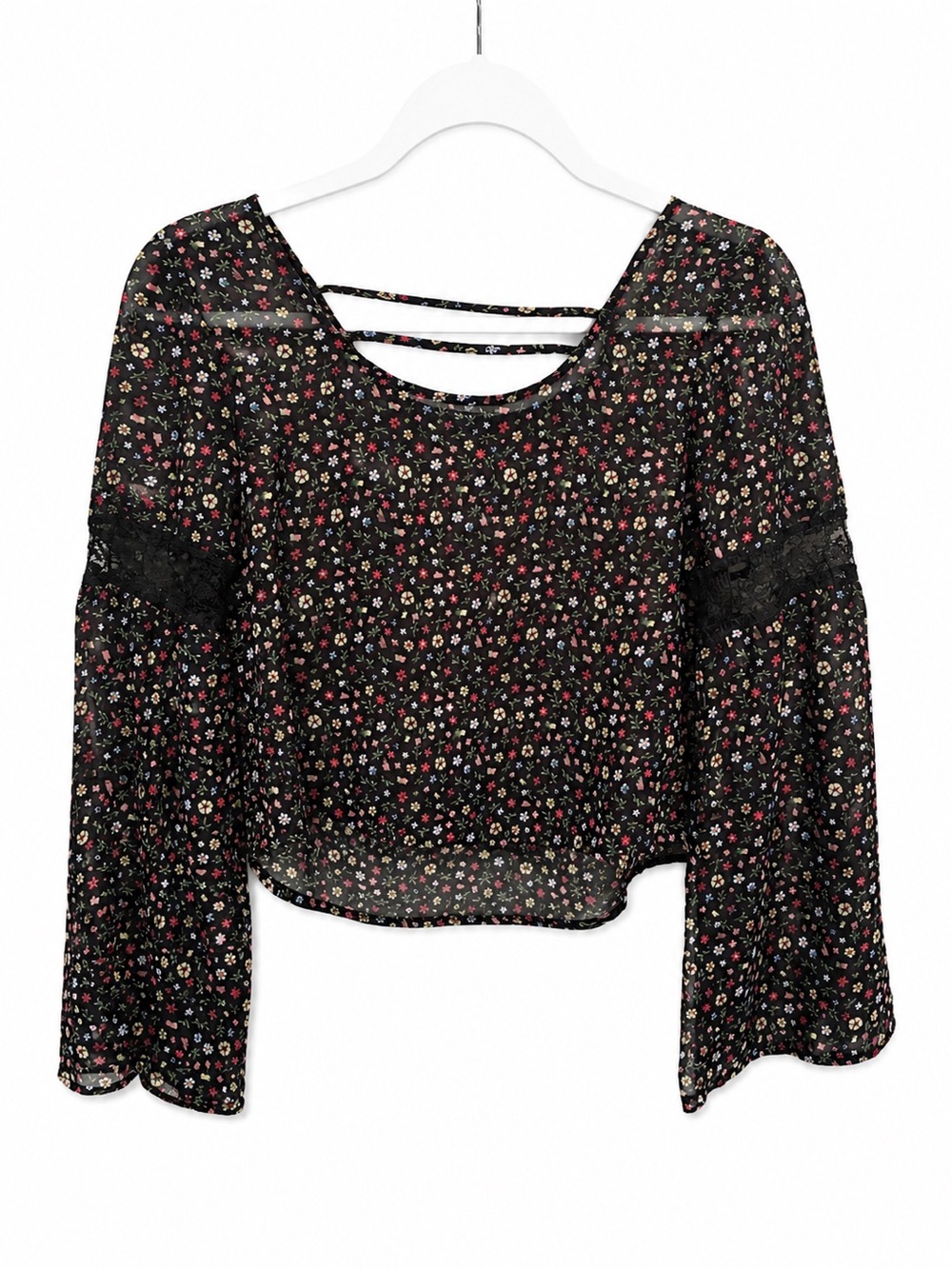EARTHBOUND Black Floral Sheer Bell Sleeve Boho Top